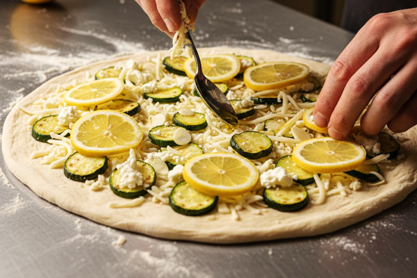 ریختن پنیرهای مختلف، برشهای کدو سبز و لیموترش روی خمیر پیتزا