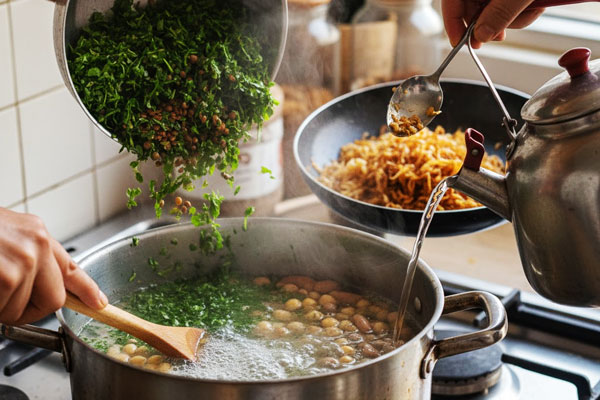 پخت حبوبات و افزودن سبزیجات خردشده آش