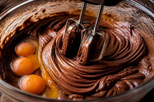 مخلوط کردن شکلات سوربن با تخممرغها در تهیه کیک شکلاتی