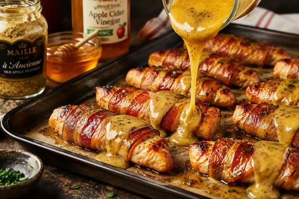 ریختن سس روی رول‌های فیله استریپس و پخت آن‌ها