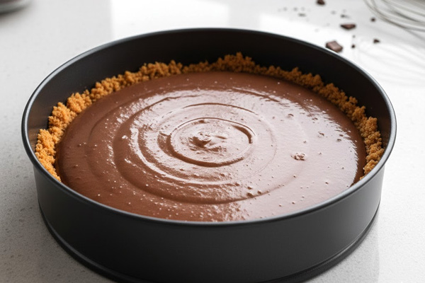 ریختن مایه شکلاتی روی پایه بیسکوییتی چیزکیک شکلاتی یلدایی