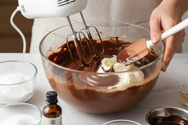 آماده کردن لایه پنیری چیزکیک شکلاتی پنیری