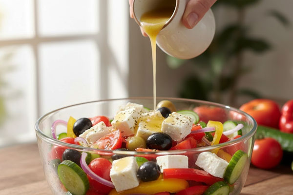اضافه کردن سس به سالاد یونانی