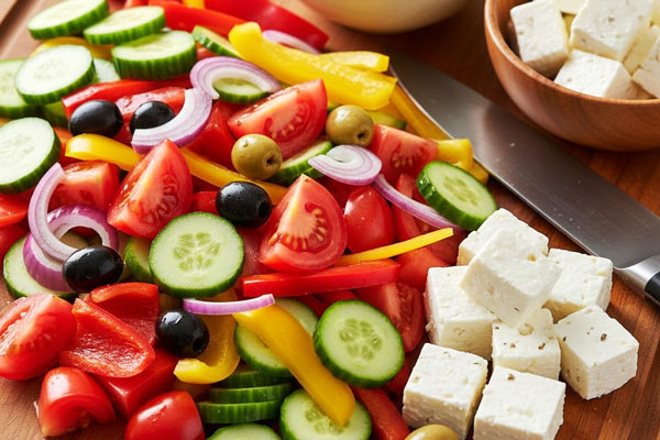خرد کردن سبزیجات و پنیر برای سالاد یونانی