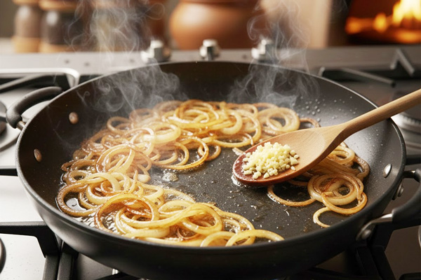 تفت دادن پیاز و سیر اسلایس شده برای تهیه قابلی پلو