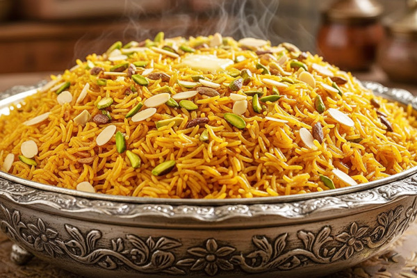 ریختن خلال بادام و پسته گارنیش شده روی قابلی پلو