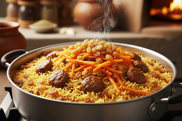 ریختن مواد قابلی پلو به صورت لایه به لایه در قابلمه