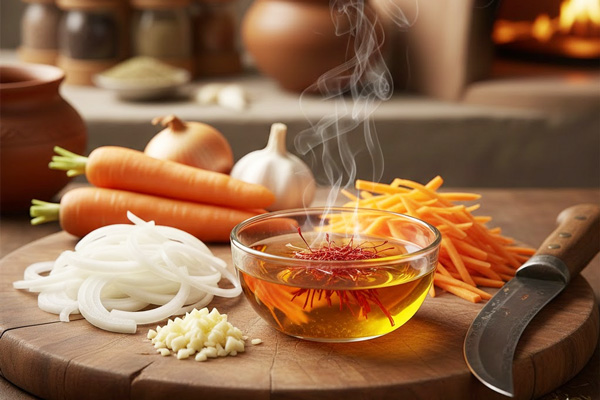 آماده کردن پیاز، سیر، هویج و زعفران در تهیه قابلی پلو