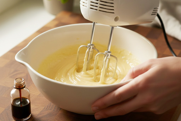 مخلوط کردن شکر، زردههای تخممرغ و وانیل در تهیه پیراشکی کرمدار