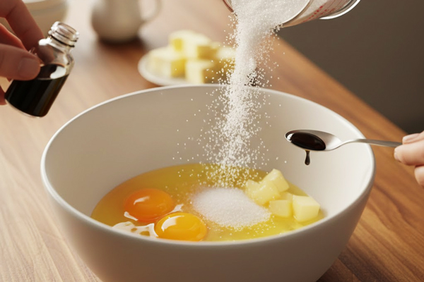 ریختن زرده تخممرغ، شکر و وانیل در کاسه برای تهیه پیراشکی کرمدار