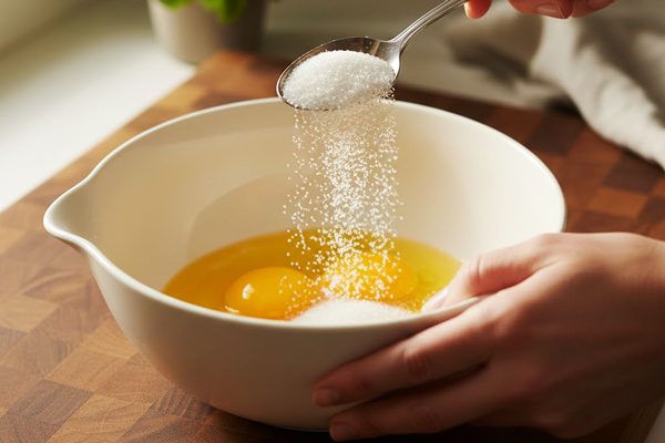 ریختن زرده تخممرغ و شکر داخل ظرف برای تهیه پیراشکی کرمدار