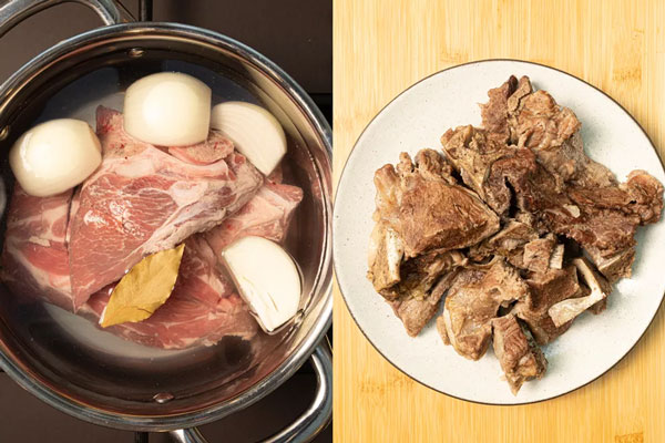 گوشت گوسفند با پیاز در قابلمه برای پخت حلیم خانگی 