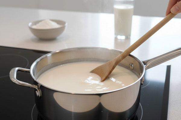 هم زدن مداوم مخلوط نشاسته و شیر برای جلوگیری از ته گرفتن فرنی نشاسته