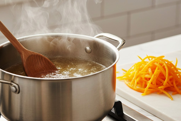 اضافه کردن خلال پوست پرتقال به شربت در قابلمه