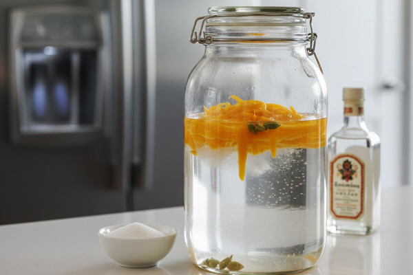 تهیه خلال پوست پرتقال در ظرف دردار با گلاب و شکر