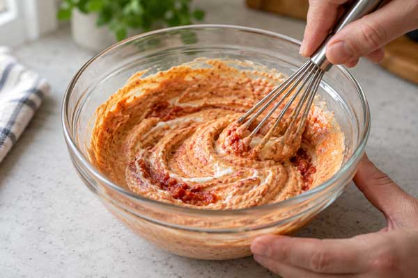 مخلوط کردن ارده با ماست ایسلندی و رب گوجه فرنگی در تهیه سس ارده