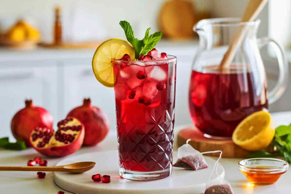 نوشیدنی انار یلدایی در لیوان با یخ لیمو و نعناع
