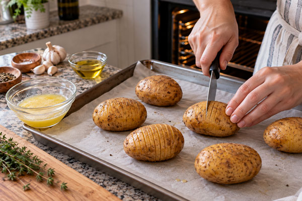 برش دادن سیبزمینیها و آماده کردن آنها برای تهیه سیب زمینی تنوری