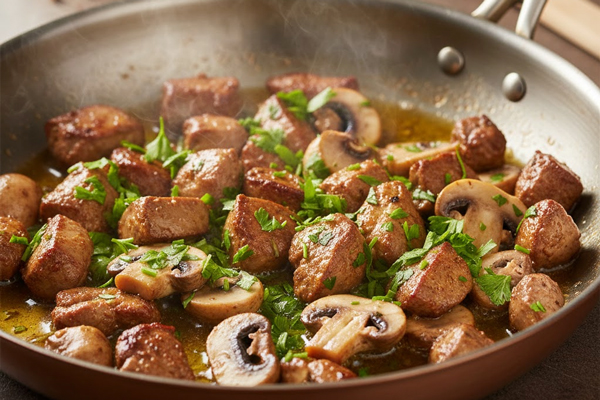 تفت دادن جگر مرغ با قارچ و جعفری خرد شده