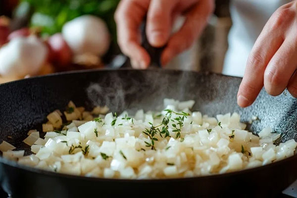 تفت دادن پیاز برای تهیه سس مارینارا 