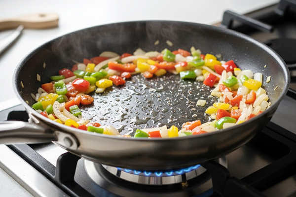 تفت دادن پیاز و فلفل دلمهای خردشده برای استیک