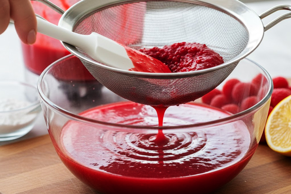 آماده کردن سس تمشک برای تهیه دسر پشملبا