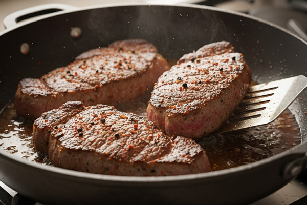 مزهدار کردن و تفت دادن تکههای گوشت استیک