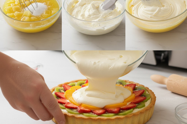 ریختن لعاب، کرم پنیری به همراه خامه همزده روی تارت میوه ای