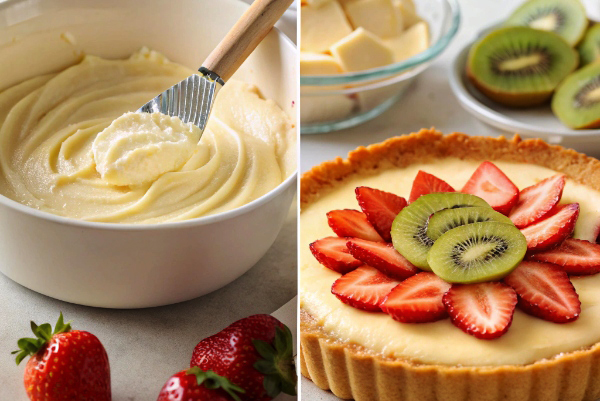 آماده کردن کرم پنیری و چیدن برش‌های توت‌فرنگی و کیوی روی تارت میوه‌ای
