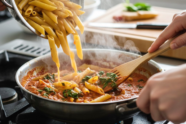 اضافه کردن پاستای پخته به سس داخل تابه برای تهیه پاستا اسفناج