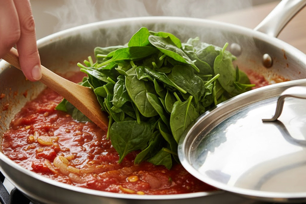 اضافه کردن اسفناج به سس داخل تابه برای تهیه پاستا اسفناج