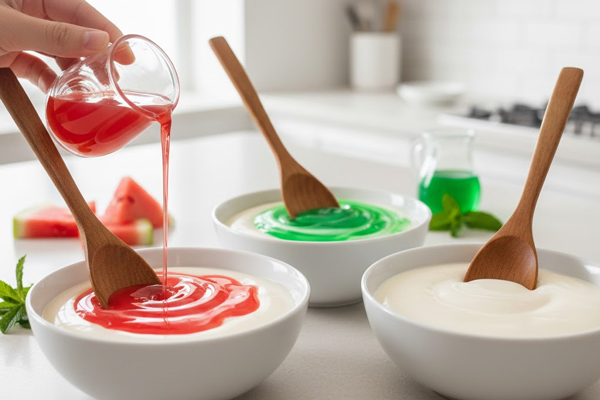 ریختن مایه ژله هندوانه قرمز داخل یکی از کاسه‌های پاناکوتا