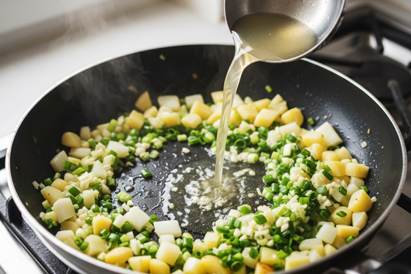 تفت دادن سبزیجات در تابه و اضافه کردن آب سبزیجات به آن در تهیه سوپ سبز