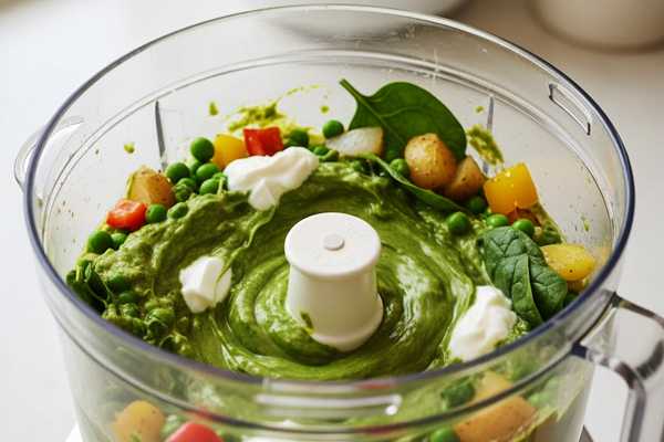 مخلوط کردن تمام سبزیجات برای تهیه سوپ سبز