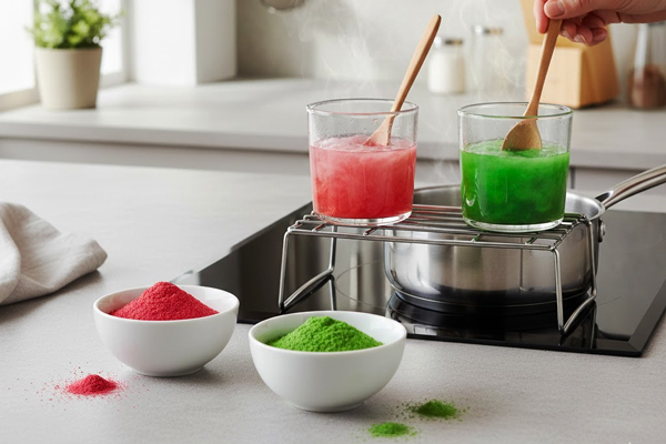 آماده کردن پودرهای سبز و قرمز 
ژله برای پاناکوتای یلدایی