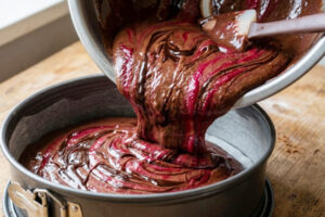 ریختن مایه کیک لبو شکلاتی