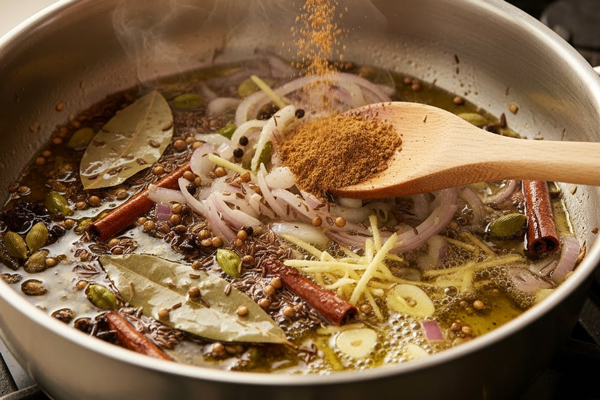 اضافه کردن پیاز، سیر، زنجبیل خرد شده و گرام ماسالا