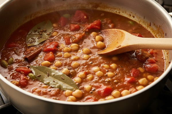 اضافه کردن آب، گوجه خرد شده و نخود به قابلمه