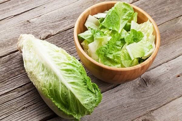 کاهو خرد شده در کاسه چوبی برای تهیه سالاد تن ماهی و پنیر کبابی 