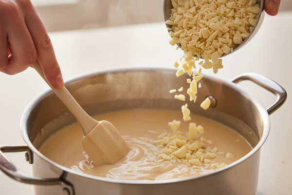 افزودن مابقی شکلات خردشده وگان به مایه پاناکوتا وگان