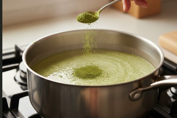 افزودن پودر ماچا به مخلوط شیر گرمشده