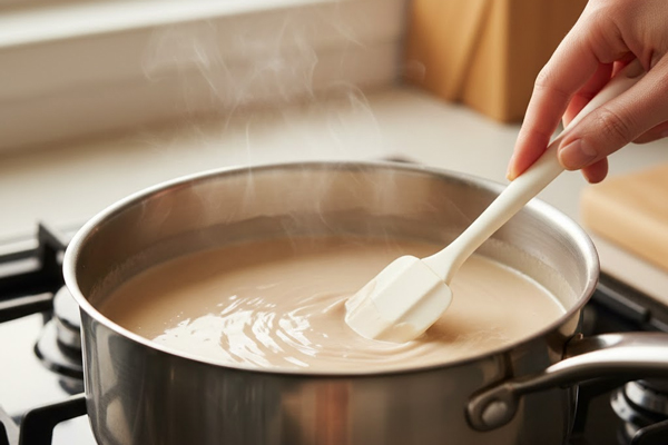 جوشیدن شیر فندق و جودوسر با یکدیگر در تهیه پاناکوتا برای افراد وگان