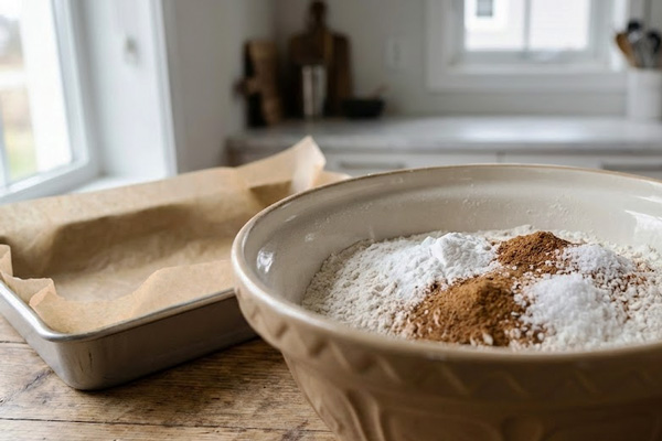 آماده کردن سینی فر و مواد خشک کیک هویج و کدوحلوایی