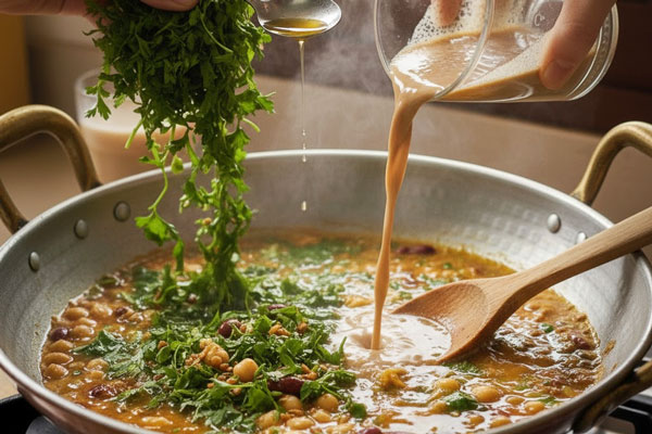 اضافه کردن سبزی خردشده به همراه عصاره گشت به آش رشته مجلسی