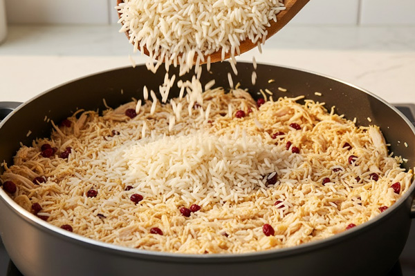 ریختن لایه‌لایه برنج و مخلوط مواد در قابلمه