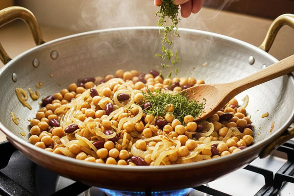 تفت دادن حبوبات پخته با پیاز و سیر داغ و نعناع خشک