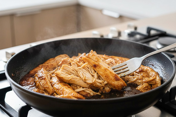 ریش ریش کردن مرغ پخته در تهیه ته‌چین مرغ بدون فر