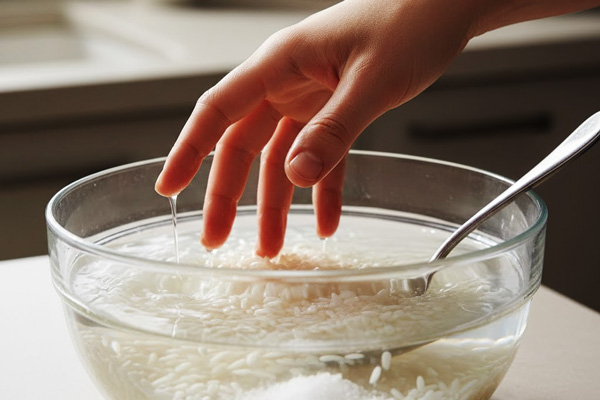 خیساندن برنج در تهیه ته‌چین مرغ بدون فر