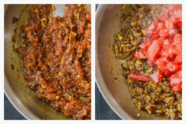 تفت دادن گوجه و بادمجان برای تهیه میرزا قاسمی