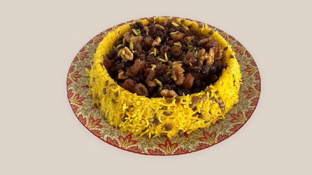 تزیین عدس پلو مجلسی با گوشت و کشمش